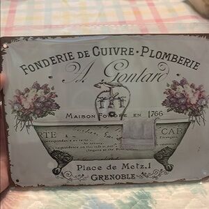Vintage French Metal Sign with Floral Design